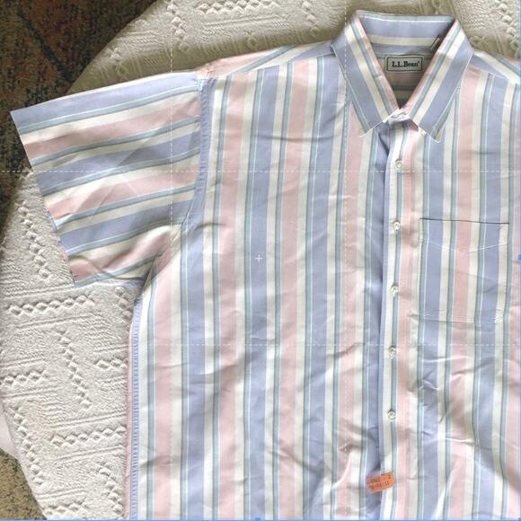 VTG 90s L.L. Bean Striped Short Sleeve Dress Shirt XL Pastel Classic Preppy USA - Picture 2 of 10